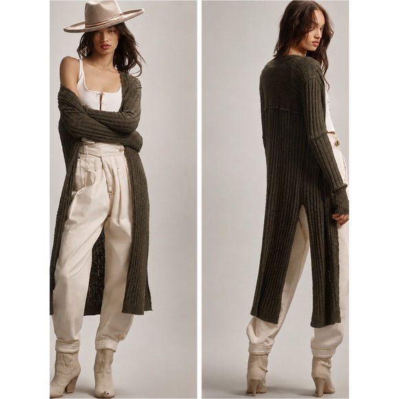 Anthropologie Sweaters - Pilcro Olive Green Gauzy Distressed Ribbed Longline Open Cardigan Sz XS